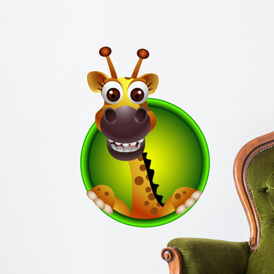 Cute Giraffe Head Cartoon Wall Decal shown on a wall