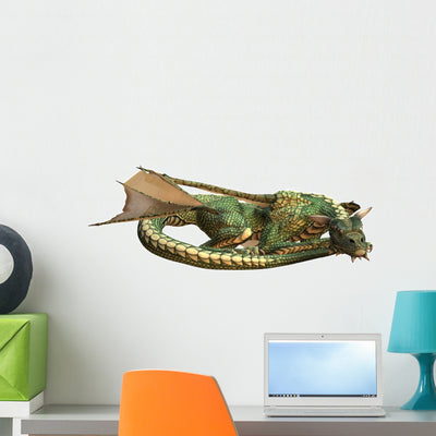 Sleeping Green Fantasy Dragon Wall Decal shown on a wall