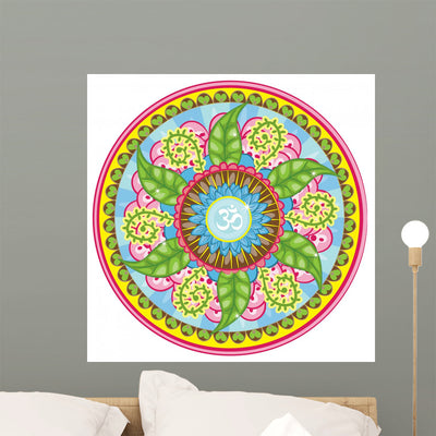 Leafy Aum Mandala Wall Decal shown on a wall