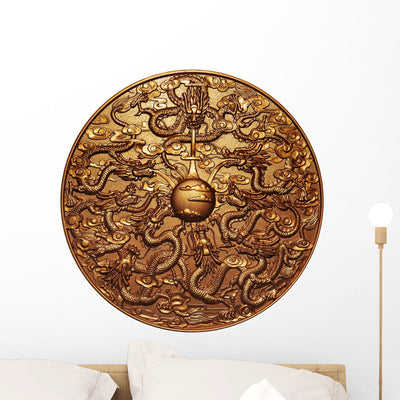 Gold Nine Dragons Emblem Wall Decal shown on a wall