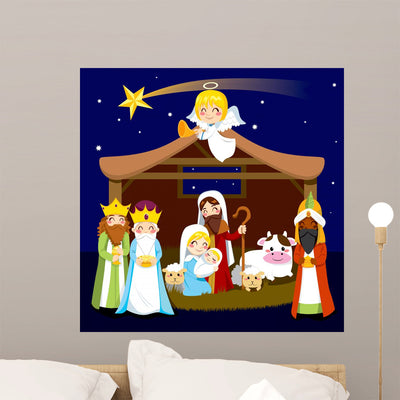 Christmas Nativity Scene Wall Mural shown on a wall