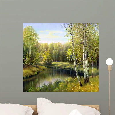 Autumn Landscape Canvas Oil Wall Mural shown on a wall