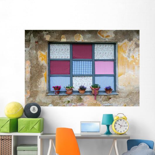 Old romantic windows with flowerpots Wall Mural