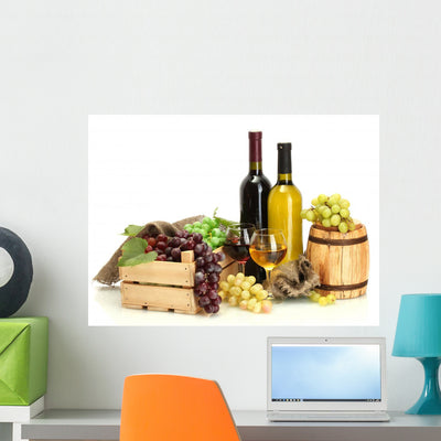 Barrel Bottles and Wine Wall Decal shown on a wall