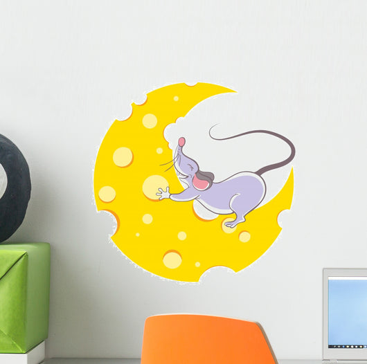 Mouse and cheese halfmoon, cartoon style Wall Decal