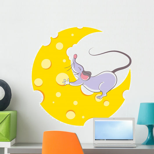 Mouse and cheese halfmoon, cartoon style Wall Decal