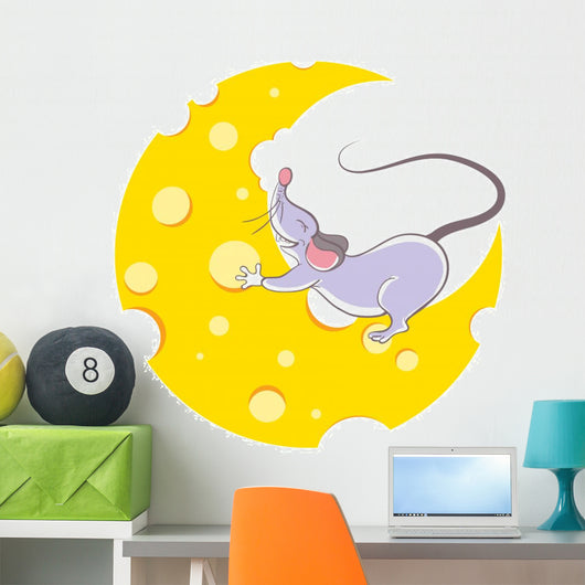 Mouse and cheese halfmoon, cartoon style Wall Decal