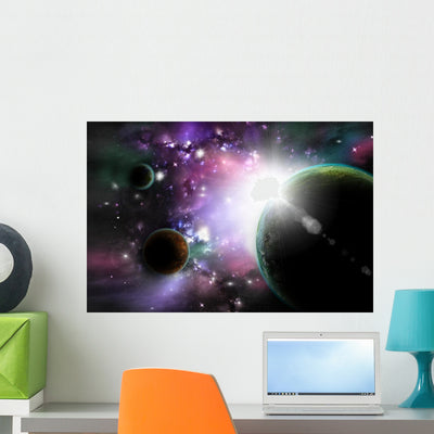 Outer Space Wall Mural shown on a wall