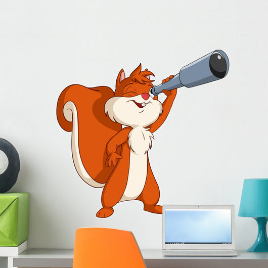Cute cartoon squirrel looking through a telescope Wall Decal
