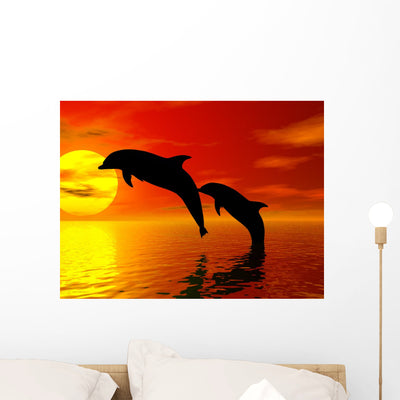 Jumping Dolphins Wall Mural shown on a wall