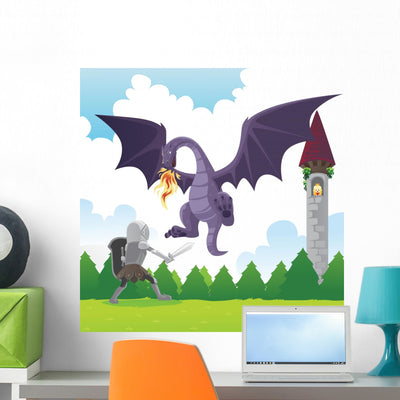 Knight Fighting Dragon Wall Decal shown on a wall