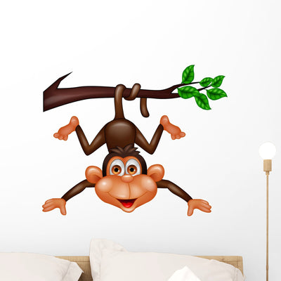 Funny Monkey Hanging Tree Wall Decal shown on a wall