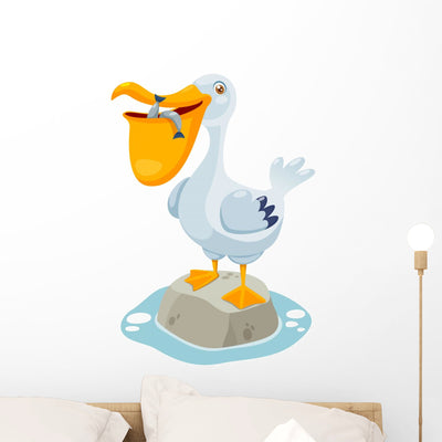 Illustration Cartoon Pelican Wall Decal shown on a wall