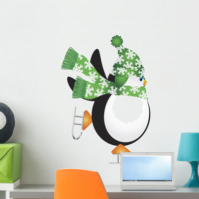 Penguin with Green Hat Wall Decal shown on a wall