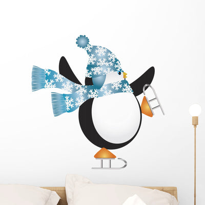 Penguin with Blue Hat Wall Decal shown on a wall