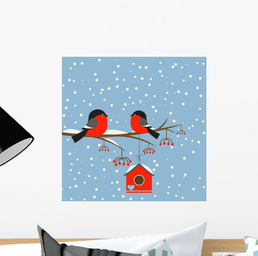 Couple of bullfinches on branch rowan with birdhouse Wall Mural