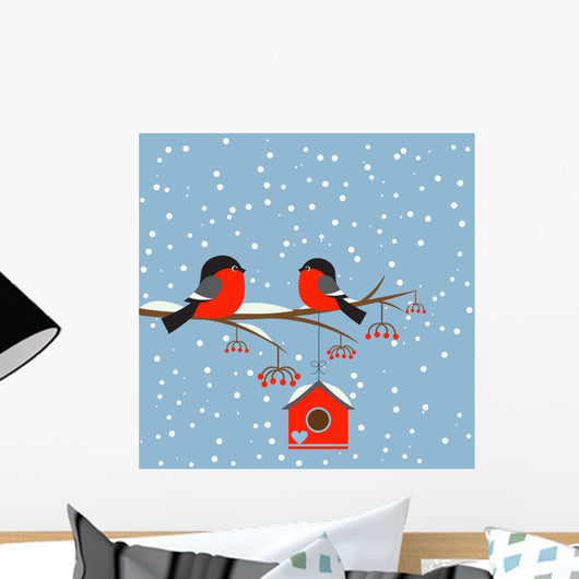 Couple of bullfinches on branch rowan with birdhouse Wall Mural