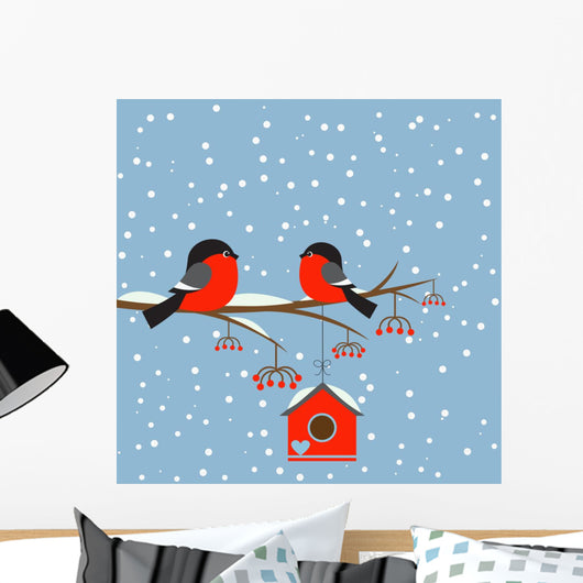 Couple of bullfinches on branch rowan with birdhouse Wall Mural