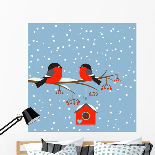 Couple of bullfinches on branch rowan with birdhouse Wall Mural