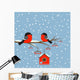 Couple of bullfinches on branch rowan with birdhouse Wall Mural