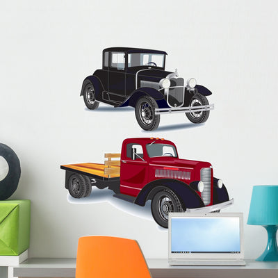1930's Car and Truck shown on a wall
