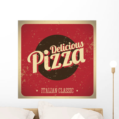 Retro Vintage Pizza Tin Wall Decal shown on a wall