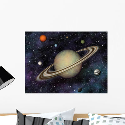 Solar System Saturn's Moons Wall Mural shown on a wall