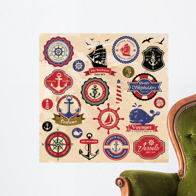Collection Vintage Retro Nautical Wall Decal shown on a wall
