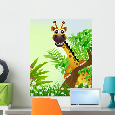 Cute Giraffe Cartoon Smiling shown on a wall