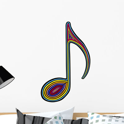Rainbow Music Note Wall Decal shown on a wall
