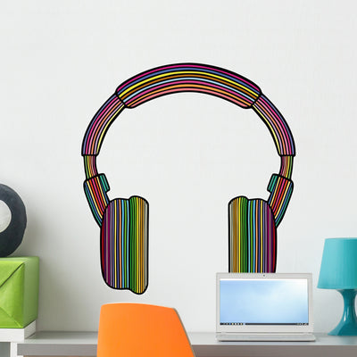Rainbow Headphones Music Wall Decal shown on a wall