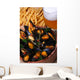 seafood, mussels, beer, French fries Wall Mural