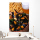 seafood, mussels, beer, French fries Wall Mural