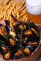 seafood, mussels, beer, French fries Wall Mural