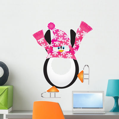 Penguin Skating Pirouette Illustration Wall Decal shown on a wall