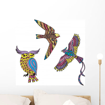 Stylized Motley Birds Wall Mural shown on a wall