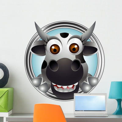 Cute Cow Head Cartoon Wall Decal shown on a wall