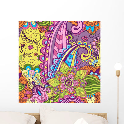 Seamless Paisley and Flowers Pattern Wall Decal shown on a wall