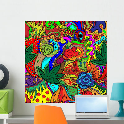 Trippy Multicolor Abstract Wall Mural shown on a wall