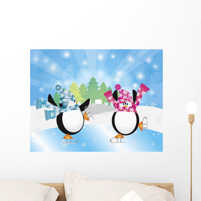 Penguins Pair Ice Skating Wall Mural shown on a wall