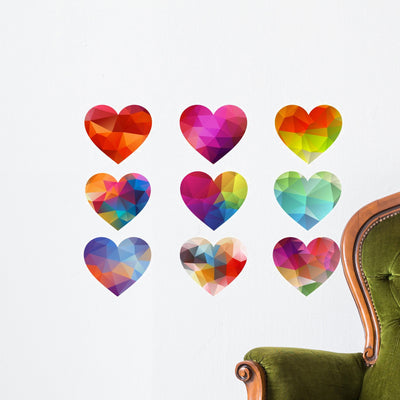 Colorful Hearts with Geometric Wall Stickers shown on a wall
