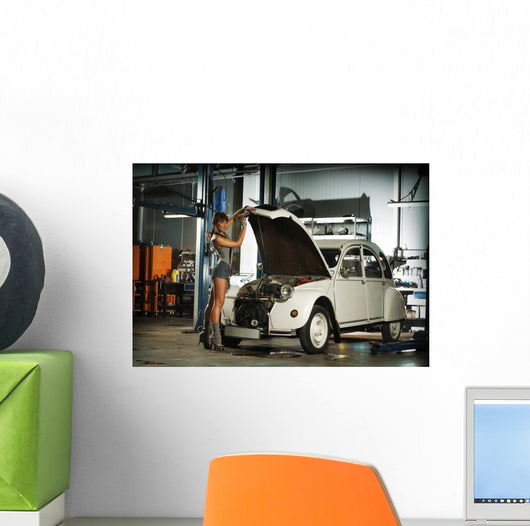 Brunette Woman Garage Fixing Wall Decal