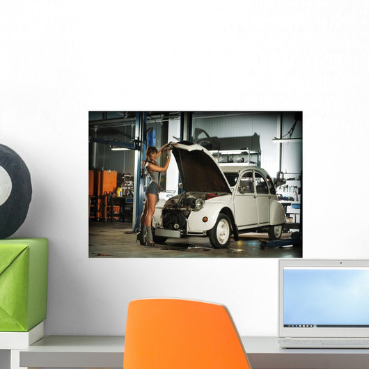 Brunette Woman Garage Fixing Wall Decal
