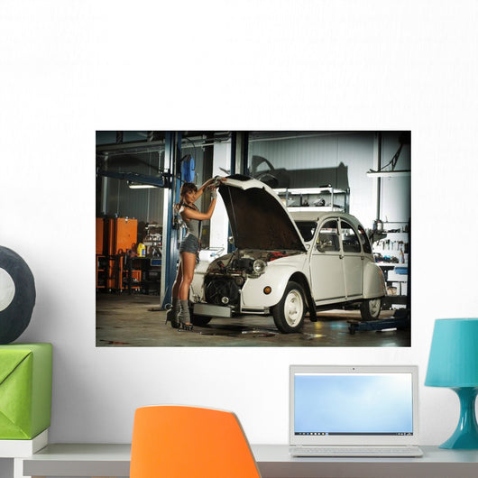 Brunette Woman Garage Fixing Wall Decal