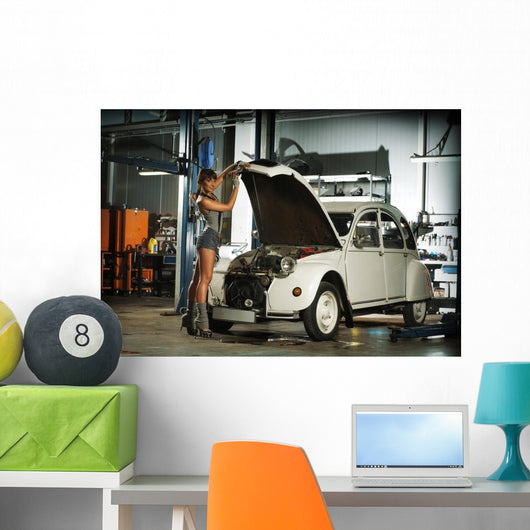 Brunette Woman Garage Fixing Wall Decal