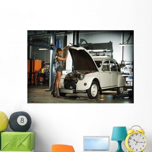 Brunette Woman Garage Fixing Wall Decal