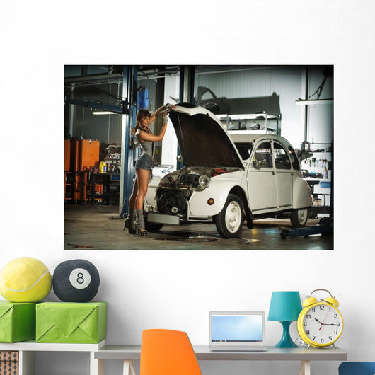 Brunette Woman Garage Fixing Wall Decal