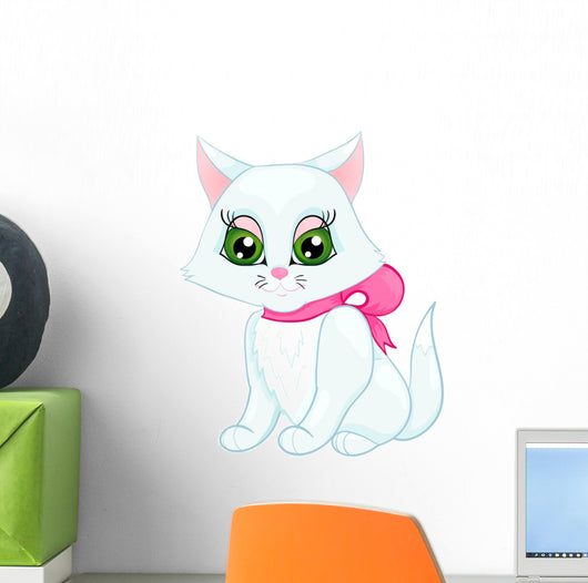 Cute White Kitten with a Pink Bow on Her Neck Wall Decal
