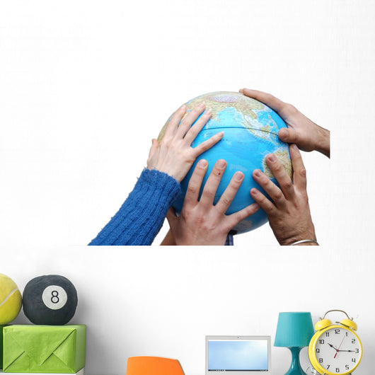 Teamwok concept with hands on globe Wall Decal