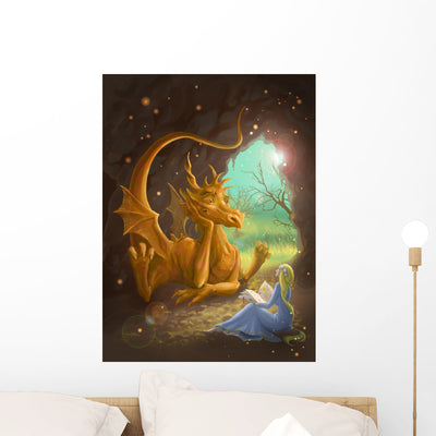 Dragon and Princess Reading Wall Mural shown on a wall